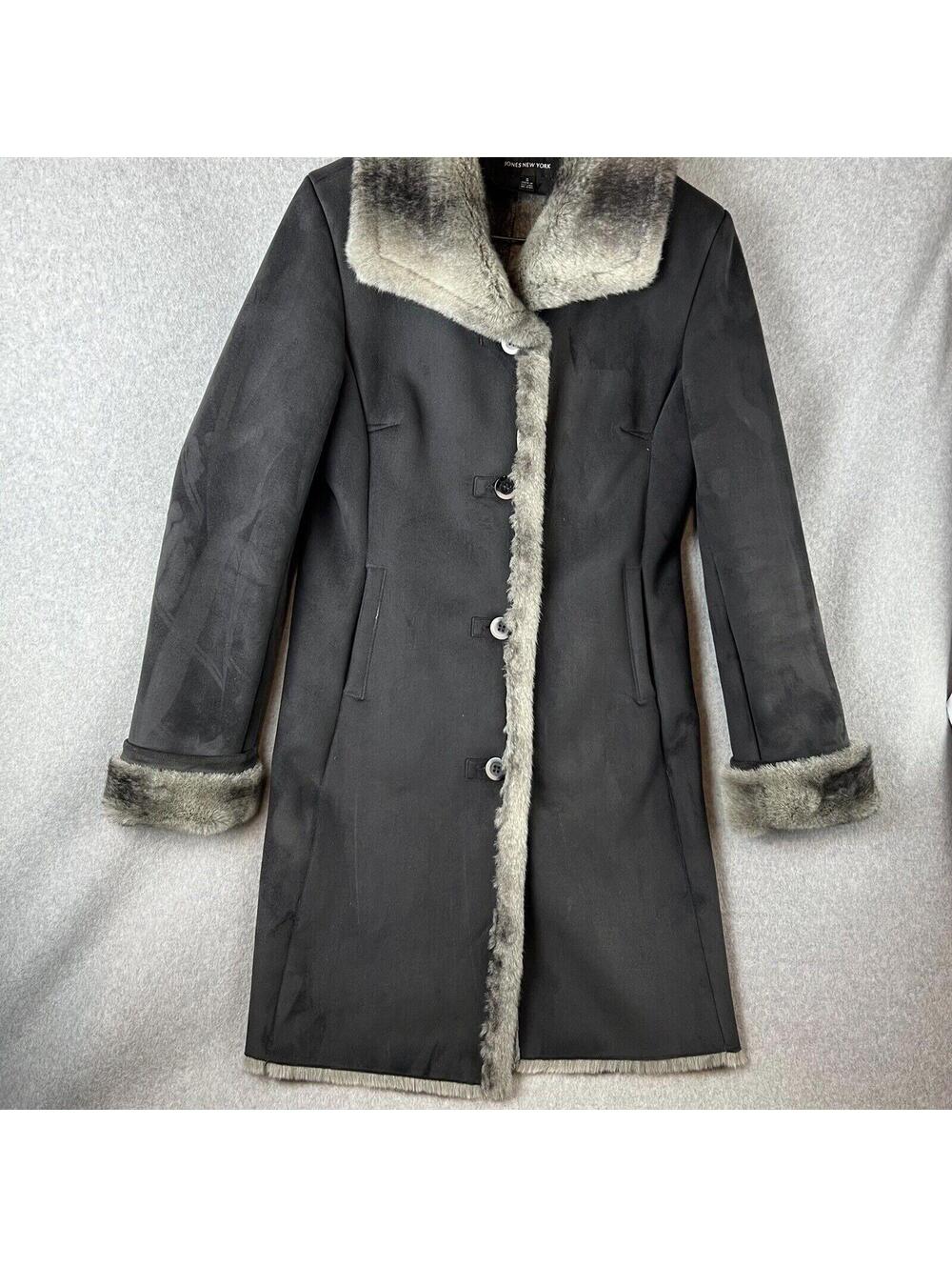 Jones New York Womens Midi Trench Coat Faux Fur Lining Collar S Mob Wife 90's